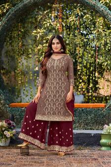 Brown Designer Embroidery,Stone Work Faux Georgette unstitched Long Length Kameez Plazo party wear salwarsuit
