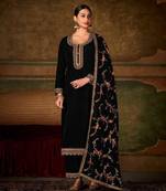 Black Designer Multy Thread  Embroidery Work Velvet unstitched Long Length Kameez Pant party wear salwarsuit