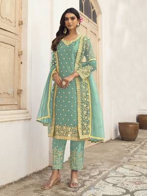 Pista Heavy Designer Embroidery Work Butterfly Net unstitched Long Length Kameez Pant party wear salwarsuit 1