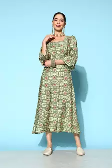 Green printed silk blend long-dresses