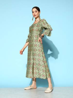 Green printed silk blend long-dresses 2