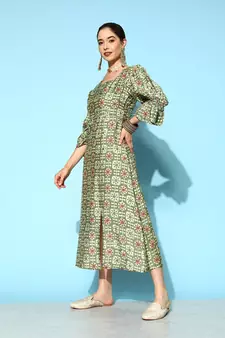 Green printed silk blend long-dresses