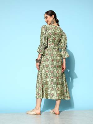 Green printed silk blend long-dresses 3