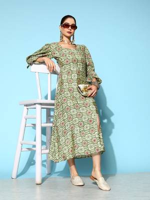 Green printed silk blend long-dresses 5