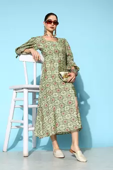 Green printed silk blend long-dresses