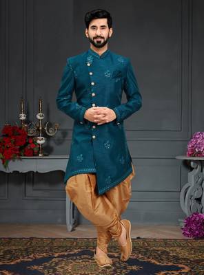 blue Silk Printed Sherwani 1