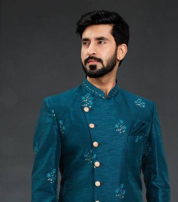 blue Silk Printed Sherwani 2