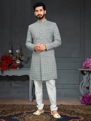 green Jacquard Printed Sherwani 1