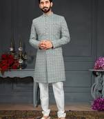 green Jacquard Printed Sherwani