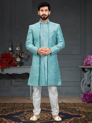 blue Silk Printed Sherwani 1
