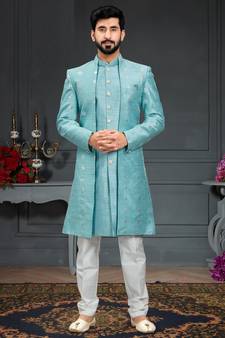 blue Silk Printed Sherwani