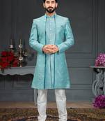 blue Silk Printed Sherwani