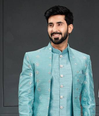 blue Silk Printed Sherwani 2