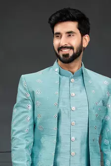 blue Silk Printed Sherwani