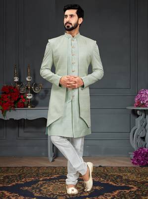 green Silk Printed Sherwani 1