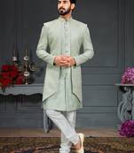 green Silk Printed Sherwani