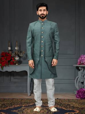green Silk Printed Sherwani 1