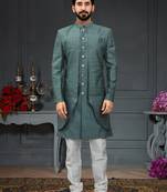 green Silk Printed Sherwani