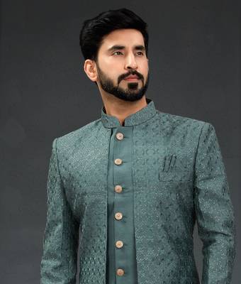 green Silk Printed Sherwani 2