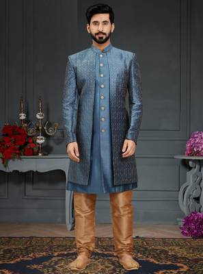 blue Silk Printed Sherwani 1