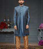 blue Silk Printed Sherwani