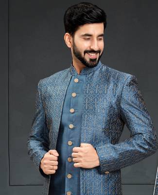 blue Silk Printed Sherwani 2