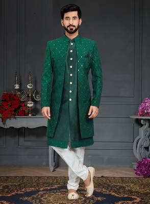 green Silk Printed Sherwani 1