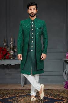 green Silk Printed Sherwani