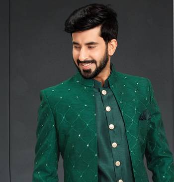 green Silk Printed Sherwani 2