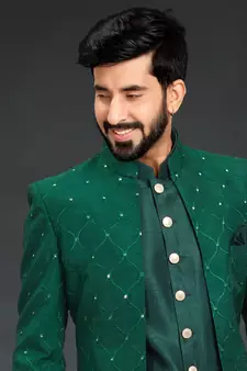 green Silk Printed Sherwani