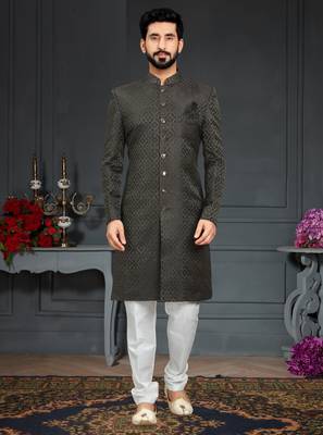 green Jacquard Printed Sherwani 1
