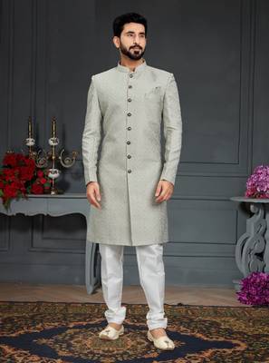 green Jacquard Printed Sherwani 1
