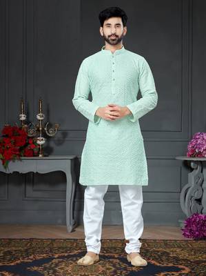 green embroidered cotton_silk kurta-pajama 1