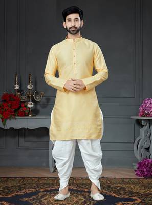 Yellow embroidered cotton_silk dhoti-kurta 1
