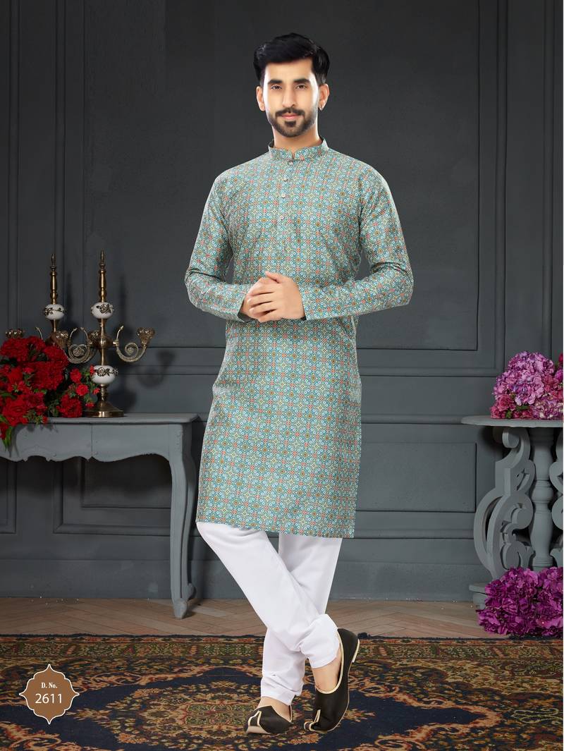 turquoise printed Silk kurta-pajama