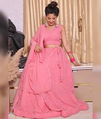Light Pink sequins and Thread Embroidered Georgette Semi Stitched bridal lehenga 5