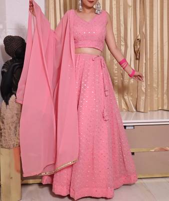 Light Pink sequins and Thread Embroidered Georgette Semi Stitched bridal lehenga 6