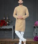 Yellow embroidered cotton_silk kurta-pajama