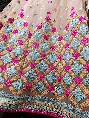 Attractive Peach sequins, dori and thread embroidered net Semi Stitched wedding Lehenga 5