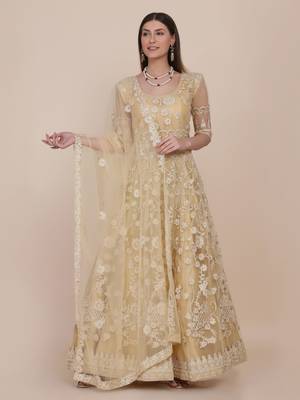 Heavy And Eye Catching Embroidery Work Chiku Colour Anarkali Suits For Trendy Girls 1