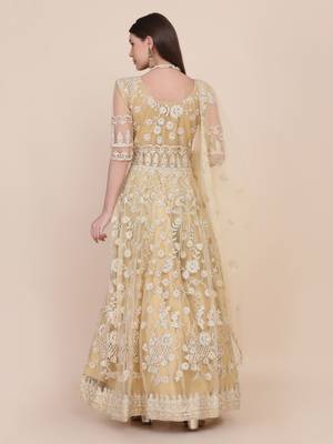 Heavy And Eye Catching Embroidery Work Chiku Colour Anarkali Suits For Trendy Girls 2