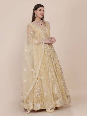 Heavy And Eye Catching Embroidery Work Chiku Colour Anarkali Suits For Trendy Girls 4