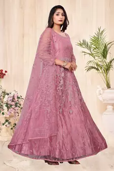 Heavy And Eye Catching Embroidery Work Dusty Pink Colour Anarkali Suits For Trendy Girls