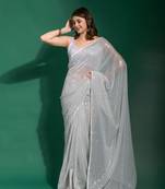 Ethnic Bollywood Style White Saree With Designer Sequance Embroidery Work