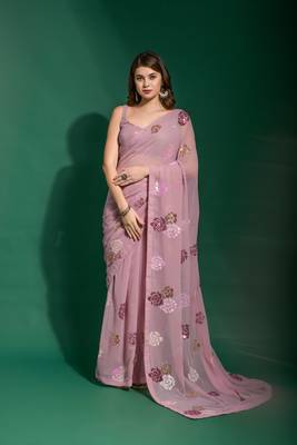 Ethnic Bollywood Style Pink Saree With Designer Multy Sequance Embroidery Work 1