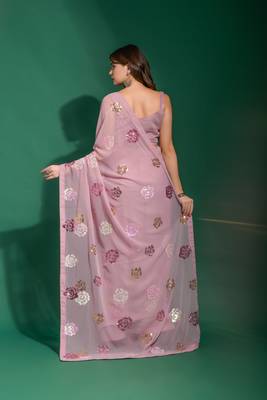 Ethnic Bollywood Style Pink Saree With Designer Multy Sequance Embroidery Work 3