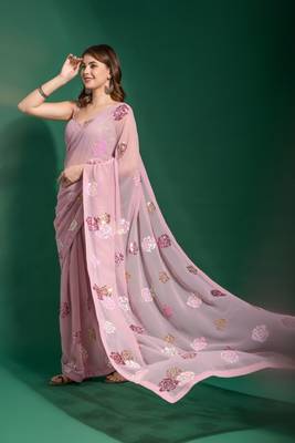 Ethnic Bollywood Style Pink Saree With Designer Multy Sequance Embroidery Work 5