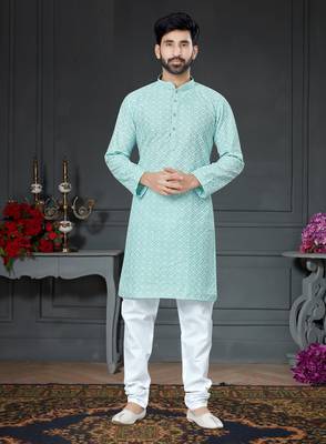 blue embroidered cotton_silk kurta-pajama 1