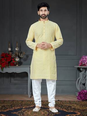 Yellow embroidered cotton_silk kurta-pajama 1