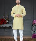 Yellow embroidered cotton_silk kurta-pajama